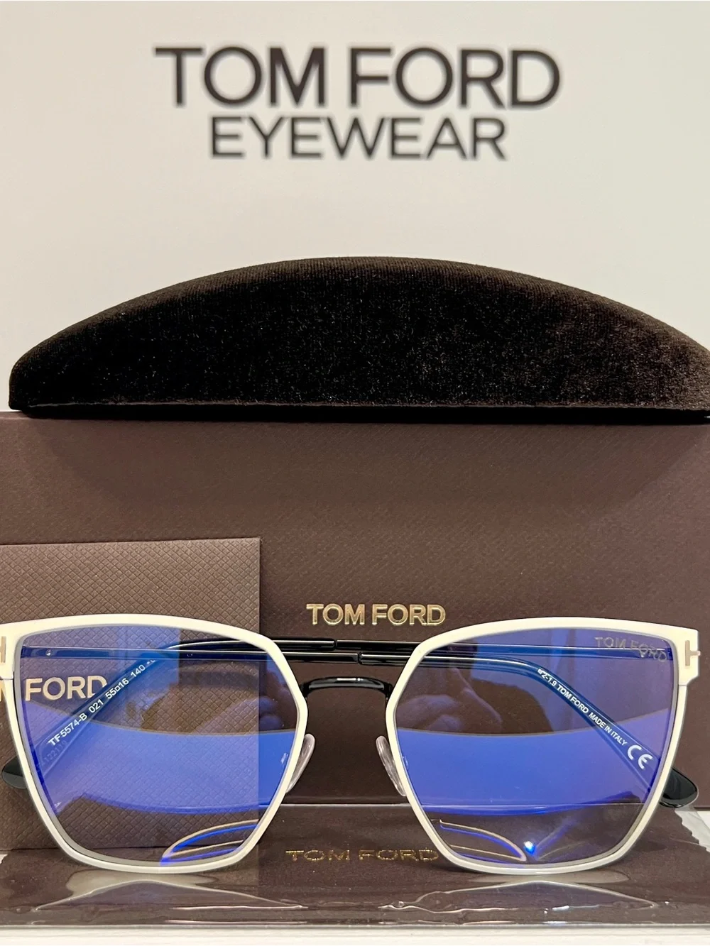 Tom Ford TF5574-B 021 Blue Block Eyeglasses – White/Black Designer Luxury Frames